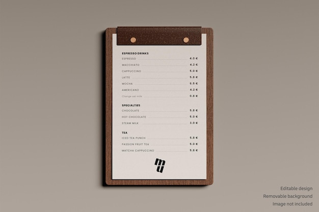 Menu de café temperamental com vista frontal