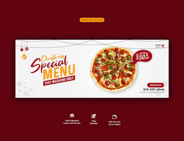 Menu de comida de feliz natal e pizza deliciosa modelo de banner de capa do Facebook