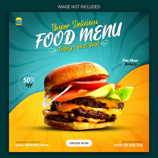 Menu de comida de hambúrguer delicioso e design de modelo de banner de restaurante