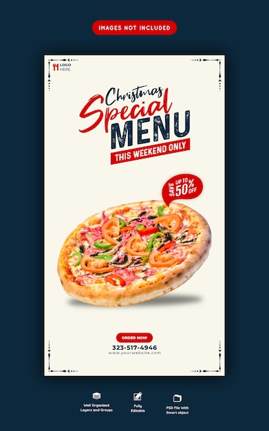 PSD menu de comida de natal e deliciosa pizza instagram e modelo de história do facebook