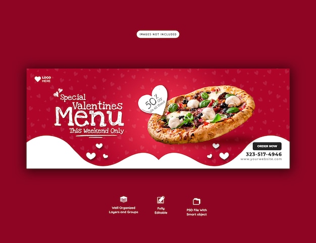 Menu de comida dos namorados e pizza deliciosa modelo de banner de capa do facebook