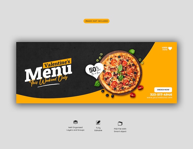 Menu de comida dos namorados e pizza deliciosa modelo de banner de capa do Facebook