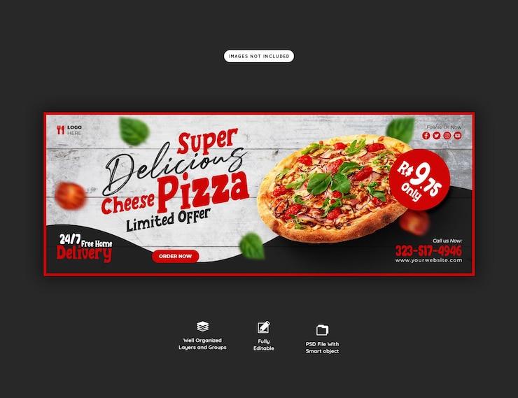 PSD menu de comida e deliciosa pizza facebook capa modelo de banner