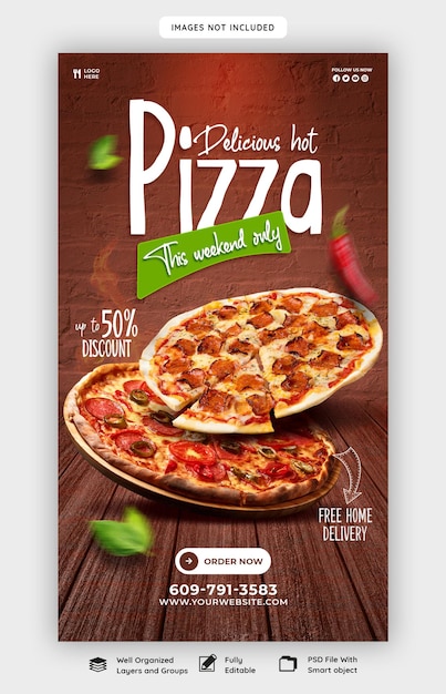 PSD menu de comida e deliciosa pizza instagram e modelo de história do facebook