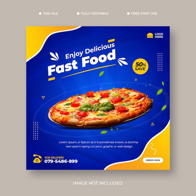 Menu de comida e deliciosa pizza modelo de banner de mídia social psd grátis