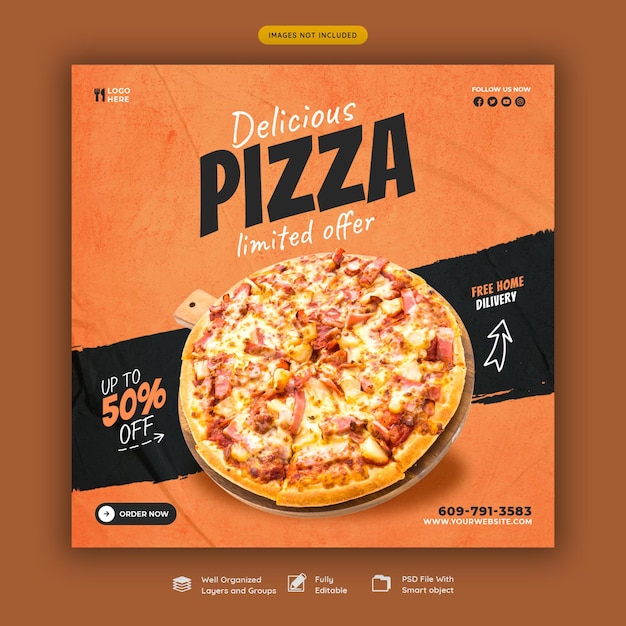 Menu de comida e modelo de banner de mídia social de pizza deliciosa