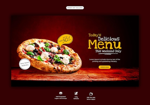 Menu de comida e modelo de banner deliciosa pizza web
