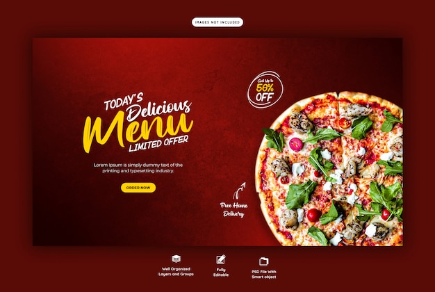 Menu de comida e modelo de banner deliciosa pizza web