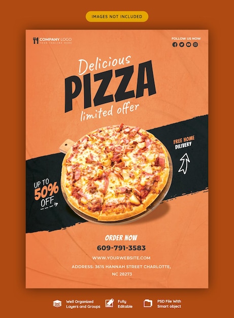 Menu de comida e modelo de panfleto de pizza deliciosa
