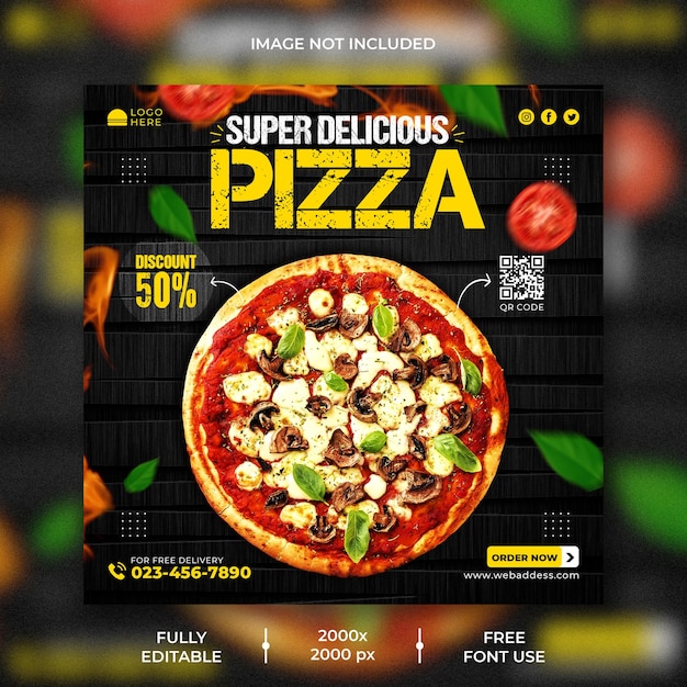 Menu de comida e modelo de postagem no instagram de pizza deliciosa