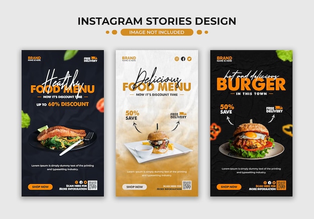 Menu de comida e restaurante instagram e coleção de conjuntos de histórias do Facebook
