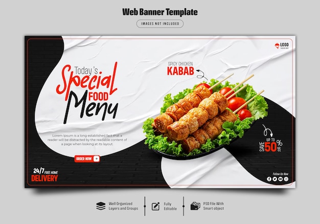 Menu de comida especial e modelo de banner web de restaurante psd premium