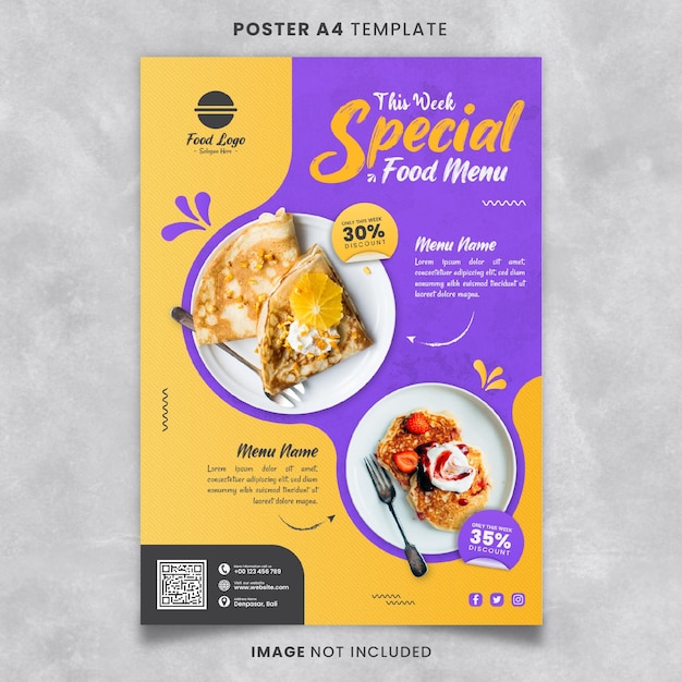 Menu de comida especial e modelo de cartaz de restaurante A4 com uma mistura de amarelo e roxo pronto para imprimir