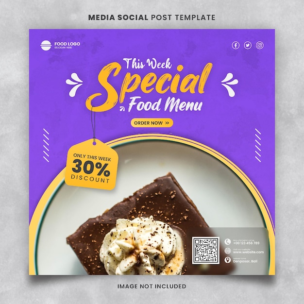 Menu de comida especial e modelo de postagem de mídia social de restaurante com uma mistura de amarelo e roxo