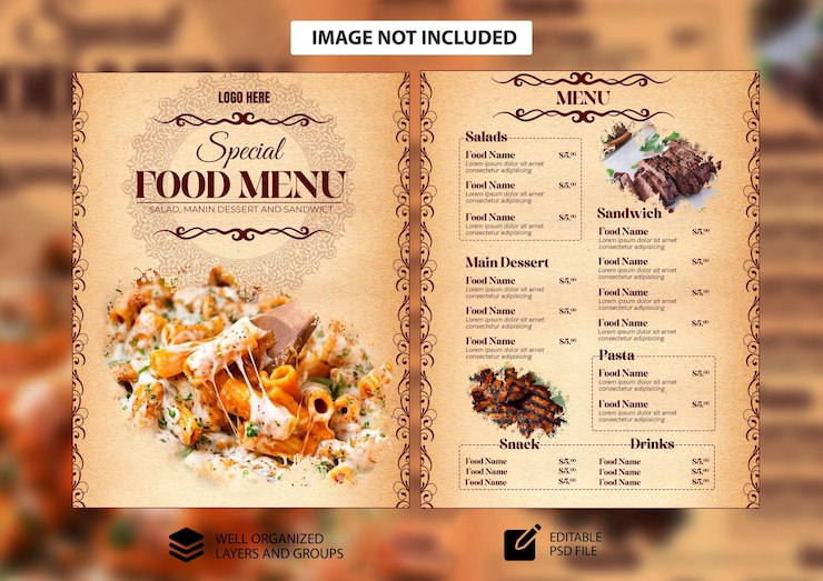 PSD menu de comida psd e modelo de folheto duplo de restaurante