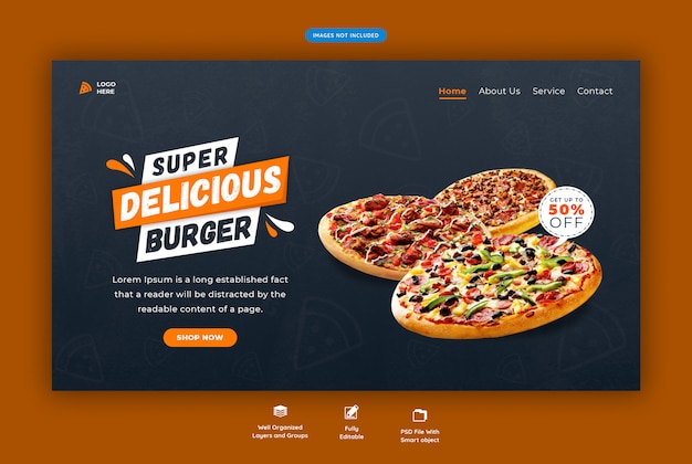 PSD menu de fast-food ou página de destino horizontal da web de pizza