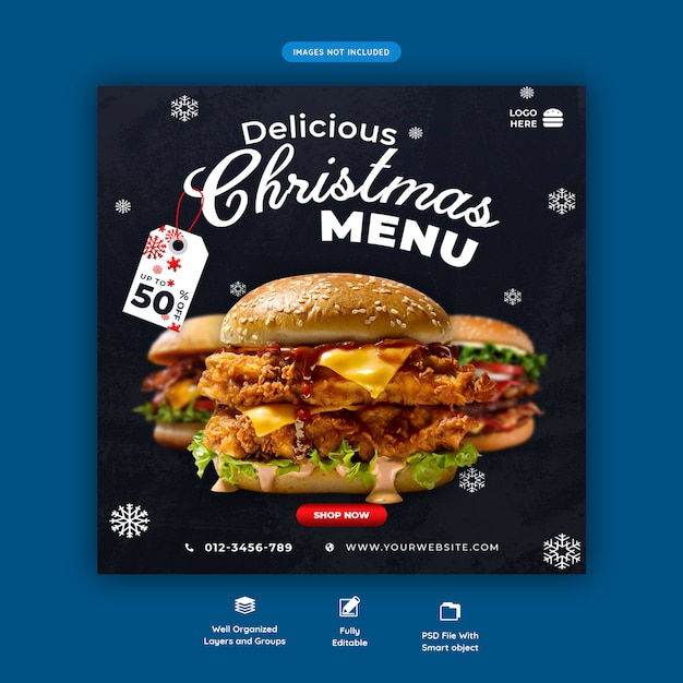 Menu de hambúrguer de natal modelo de banner de mídia social psd premium