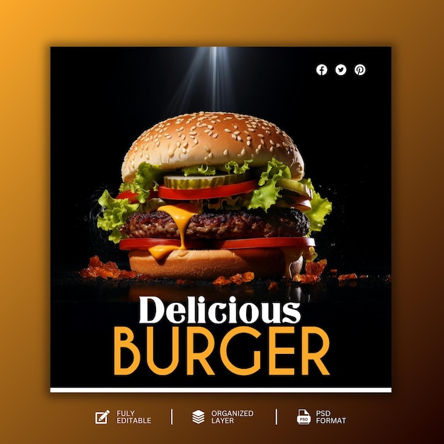 PSD menu de hambúrguer e comida delicioso para design de mídia social