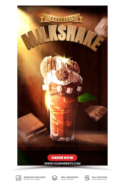 PSD menu de milk-shake de chocolate para modelo de design de promoção de bebida em restaurante