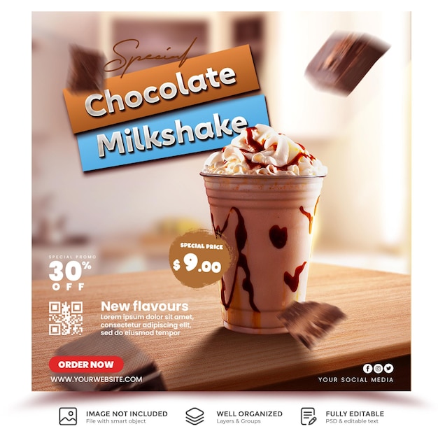 PSD menu de milk-shake de chocolate para modelo de design de promoção de bebida em restaurante