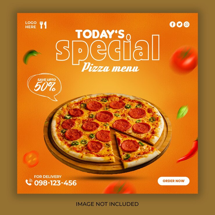 Menu de pizza delicioso promoção em mídias sociais e modelo de design de postagem de banner do Instagram