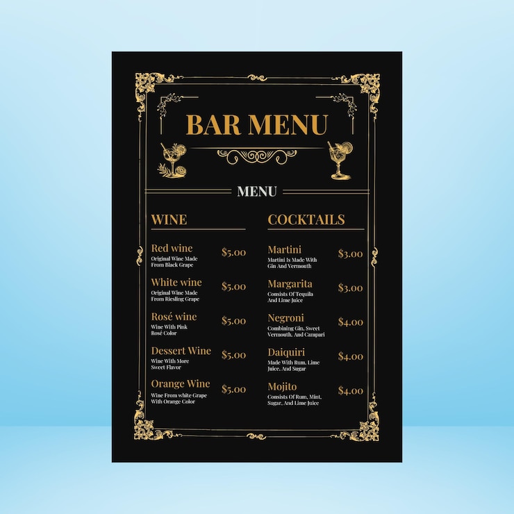 PSD menu del bar black gold vintage