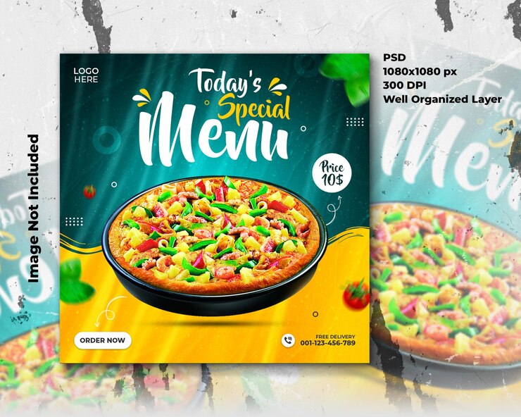 Menu del cibo e delizioso modello di banner per social media per pizza