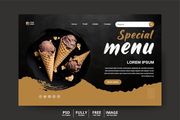 Menu del cibo e design della pagina di destinazione del ristorante