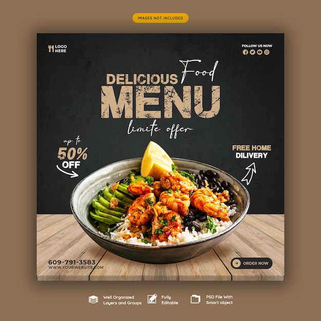 Menu del cibo e modello di banner sui social media del ristorante
