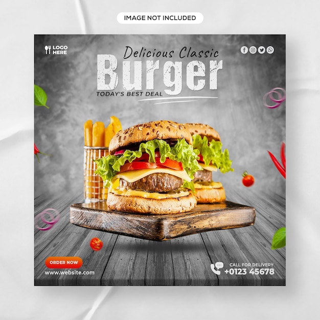 Menu de délicieux hamburgers et modèle de bannière de publication sur les médias sociaux du restaurant