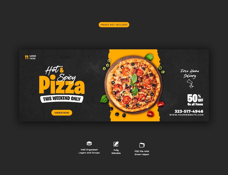 PSD menu di cibo e deliziosa pizza modello di copertina dei social media