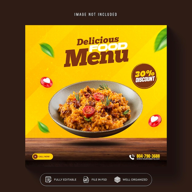 Menu di cibo e ristoranti, post sui social media e modello di banner Instagram