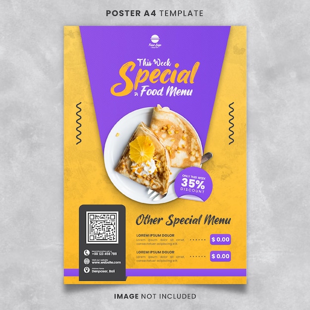 Menu di cibo speciale e poster per ristoranti Modello A4 con un mix di giallo e viola pronto per la stampa