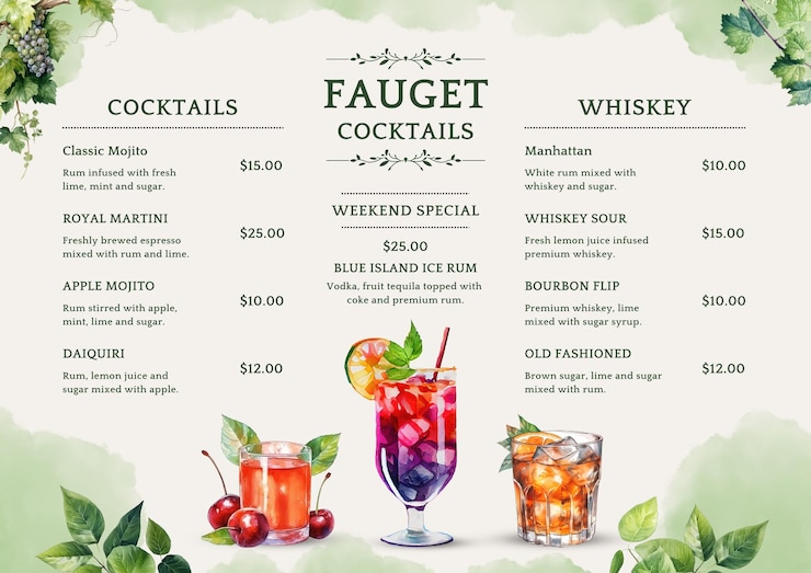 PSD menu di cocktail illustrativo ad acquerello verde e crema 1