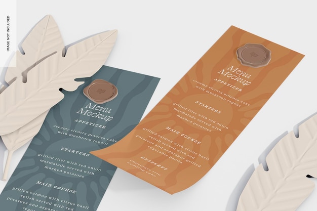 Menu di nozze con mockup di sigillo di cera, vista da destra