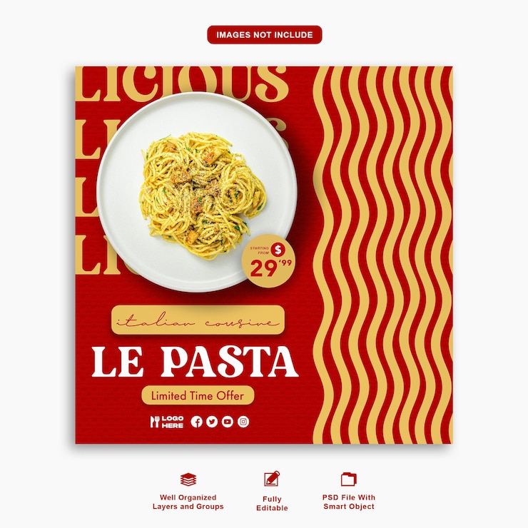 PSD menu di pasta italiana, social media e template di banner per post su instagram