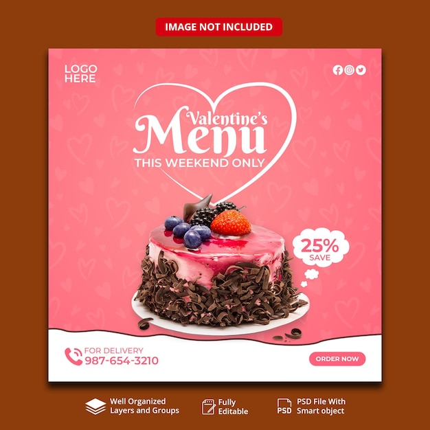 Menu dos namorados e modelo de postagem de mídia social de restaurante
