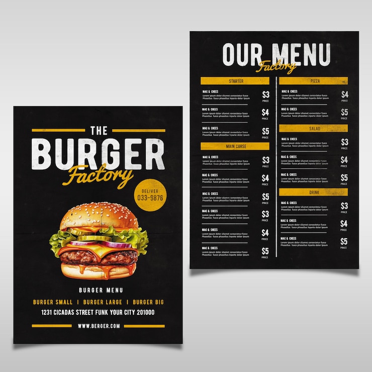 PSD le menu du restaurant de hamburgers appelé le menu des hamburgers