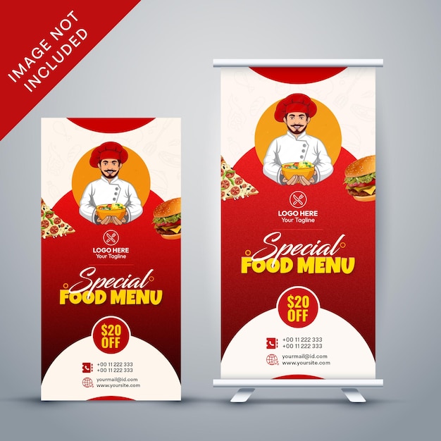Menú especial de comida enrollado en un estandarte para el restaurante