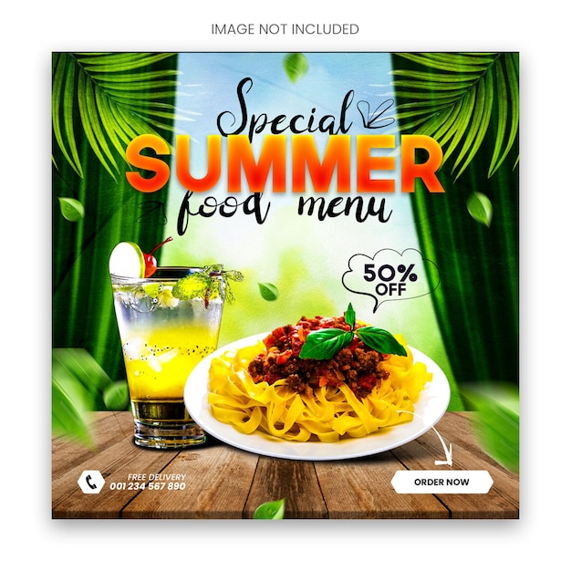 Menú especial de comida de verano y promoción de redes sociales publicación de instagram o plantilla psd de banner