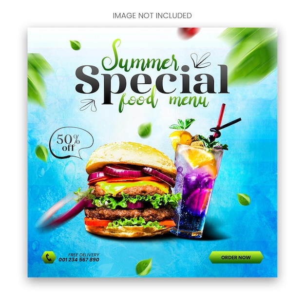 PSD menu especial de comida de verão e promoção de mídia social instagram post ou banner modelo psd