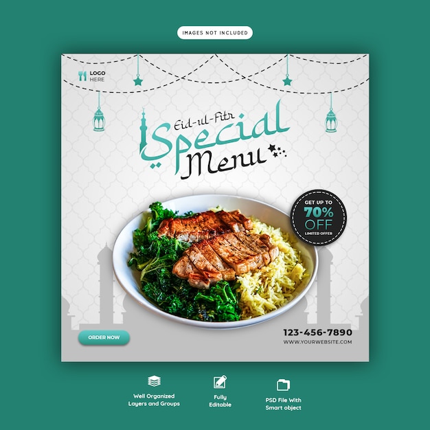 Menu especial de comida eid ul fitr banner de mídia social psd