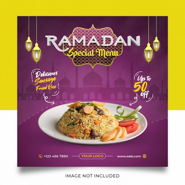 Menú especial de ramadán salchicha arroz frito diseño de plantilla de publicación en redes sociales