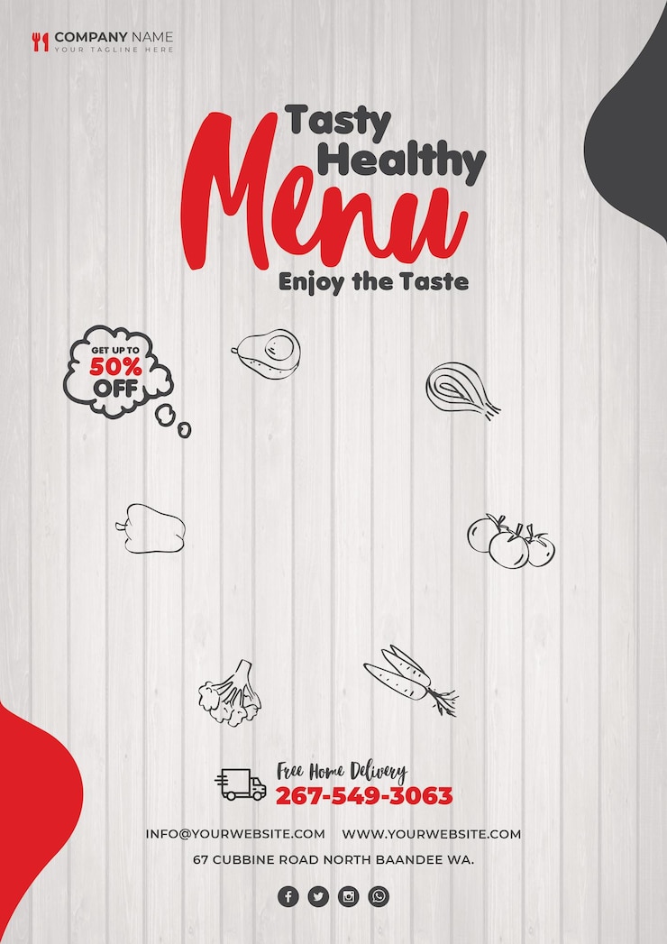 PSD menu gustoso e salutare con sconto del 50%