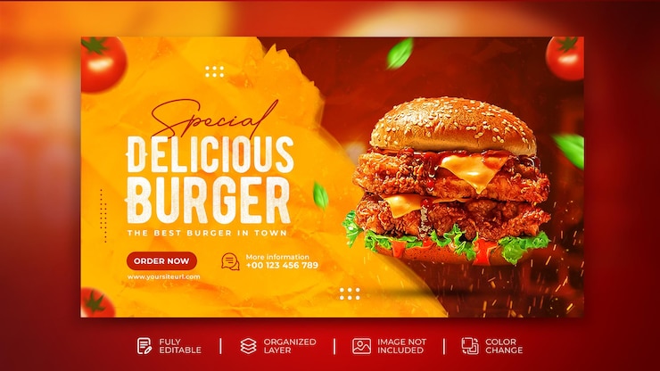 PSD el menú de hamburguesas deliciosas promociona el volante de las redes sociales.