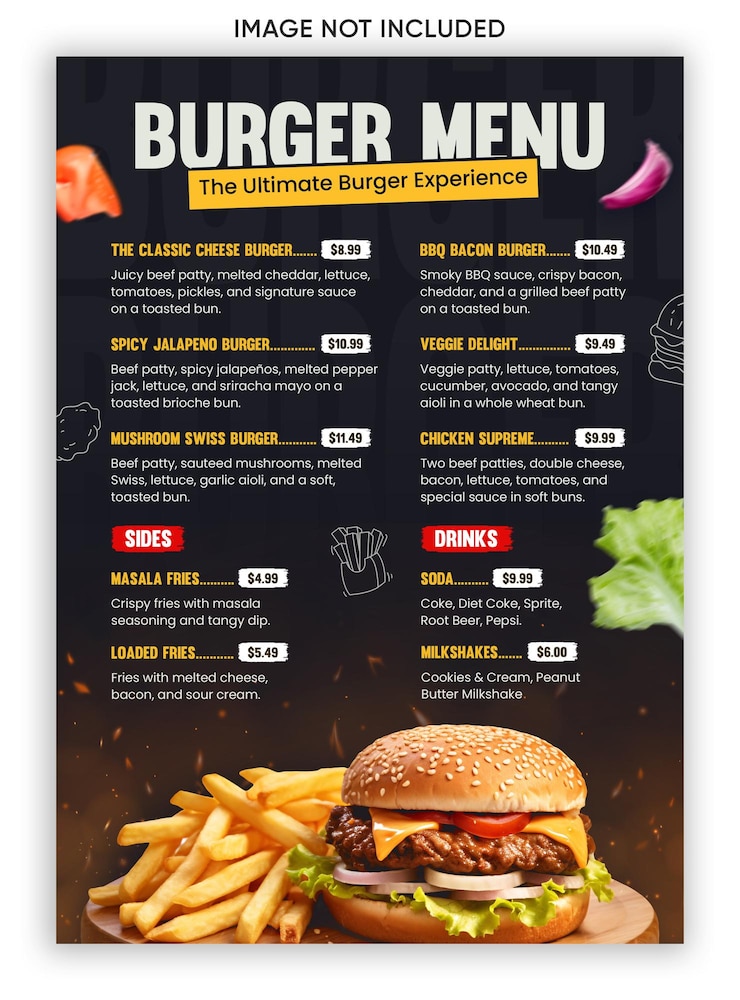 PSD menú de hamburguesas la experiencia de la hamburguesa definitiva