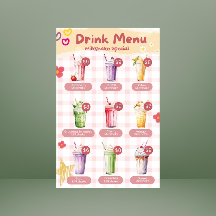 Menú ilustrativo de bebidas rosadas y cremosas