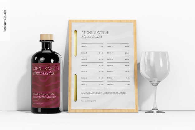 Menú de madera con maqueta de botella de licor, vista delantera