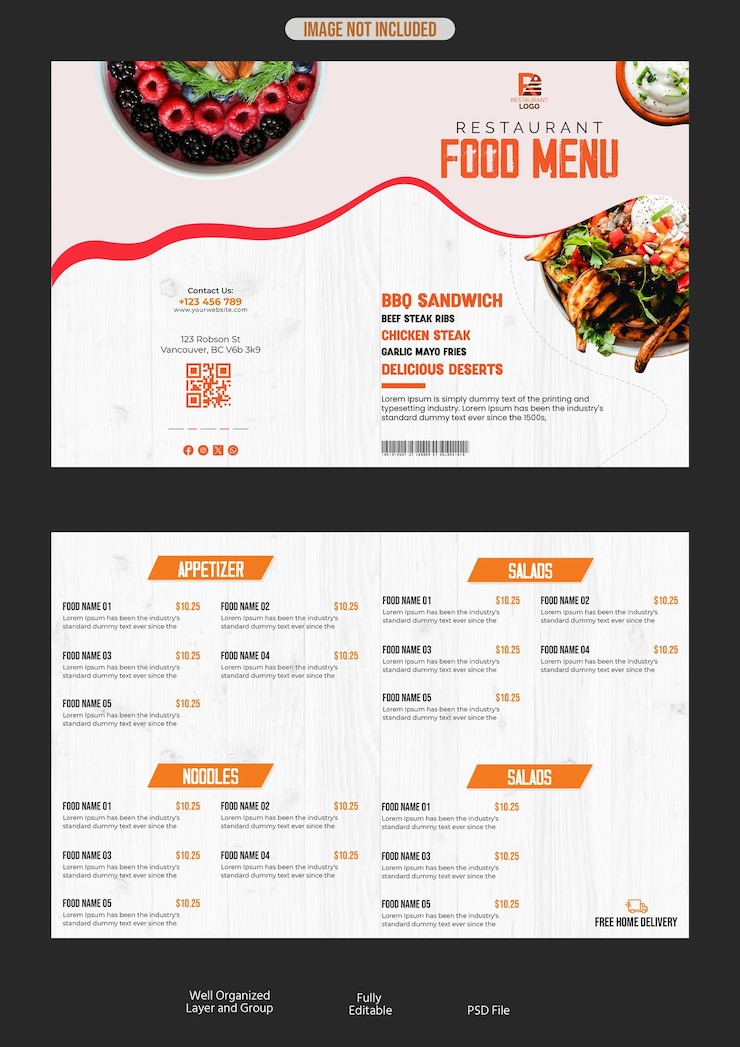 PSD un menú para un menú de comida para un restaurante llamado comida