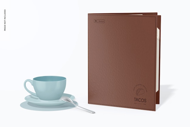 Menu Mockup di copertina in pelle, con tazza di caffè